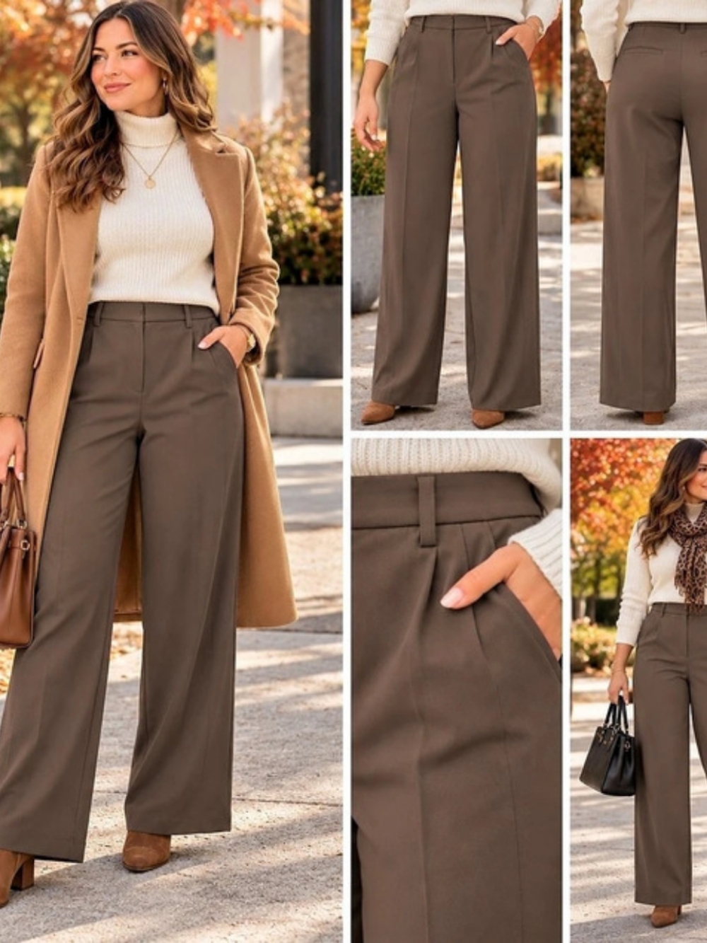 Halara Brown High Waist Wide Leg Work Pants Business Casual Minimalist LG Tall